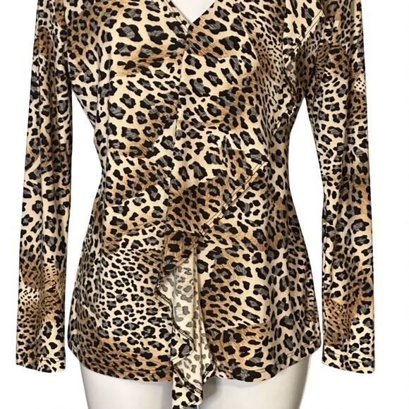 Clara Sunwoo Ruffle Front V Neck Blouse Small Long Sleeve Brown Animal Print Top - Picture 4 of 7